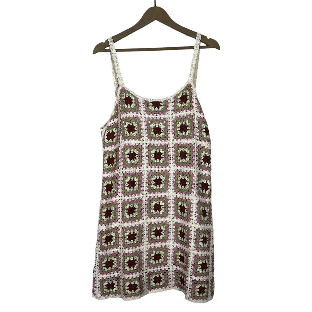 Pink Lily Crochet Granny Square Patchwork Mini Dress Green Brown Boho Size L